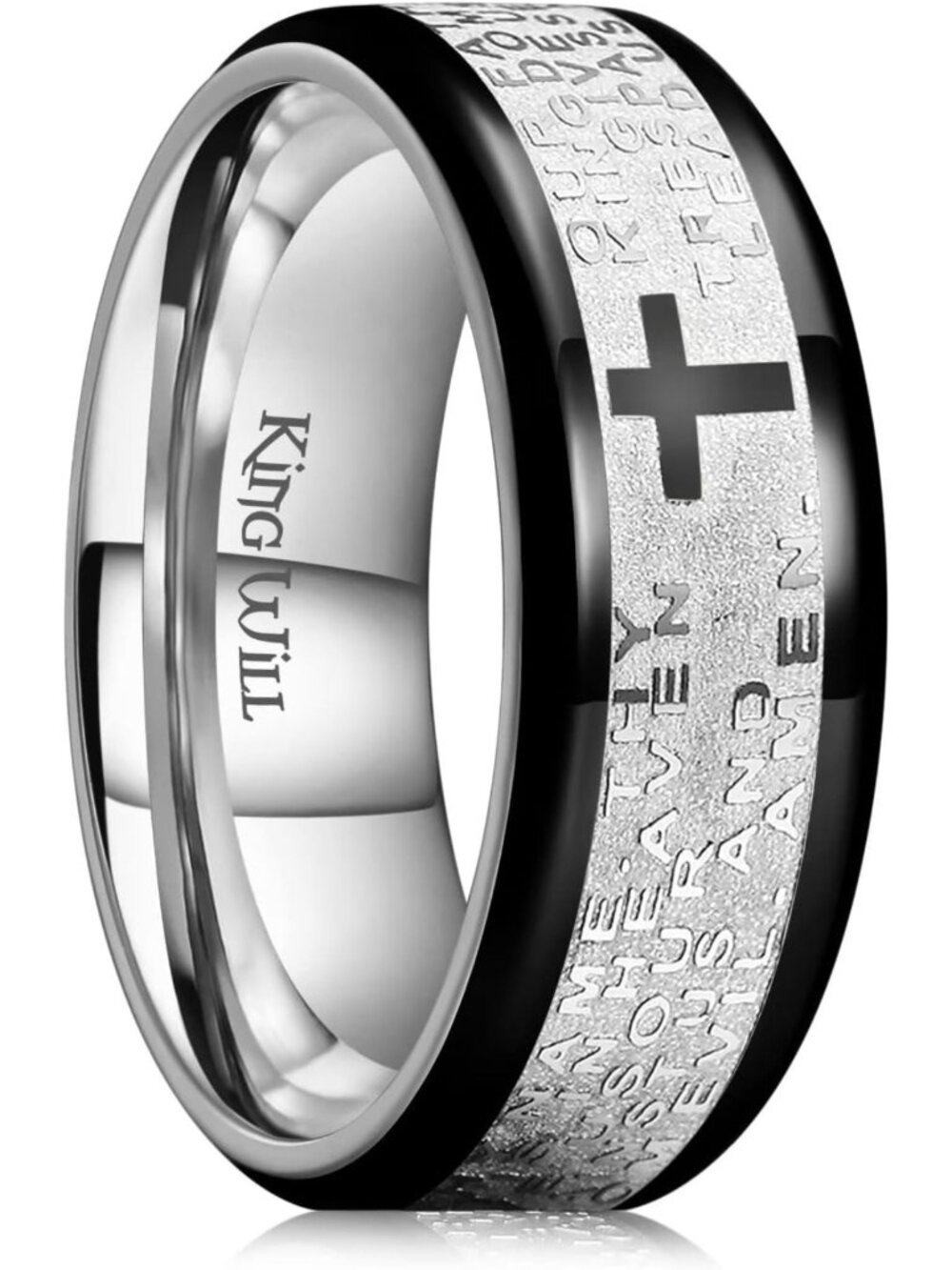 Stainless Steel Men's Wedding Ring with Lord's Prayer & Cross, Engraved Comfort